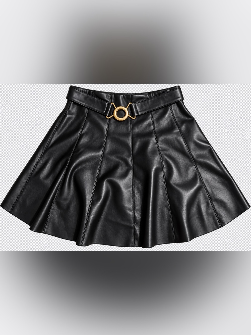 House of Harlow 1960 Black Faux Leather Skater Skirt with Gold Ring